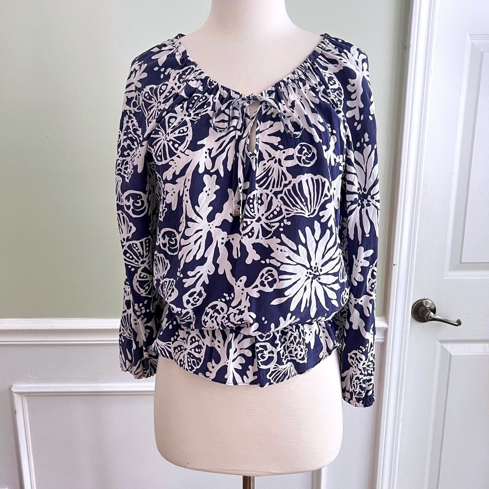 Lilly Pulitzer Silk Blouse S Top Blue White‎ Top Romantic Luxury Bohemian Beach
